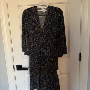 Veronica M Black Multi Paisley V-Neck Long Sleeve Dress